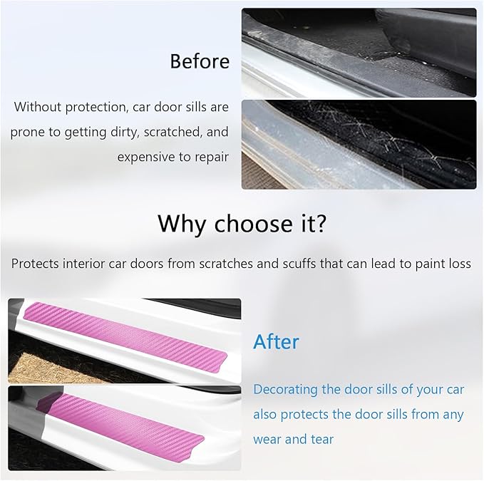 Dickno 4 PCS Car Door Sill Protector, 3D Carbon Fiber Auto Door Entry Edge Guard Protection Trim, Anti-Scratch Threshold Cover Strips, Sill Protection Sticker for Car SUV Truck (Pink)