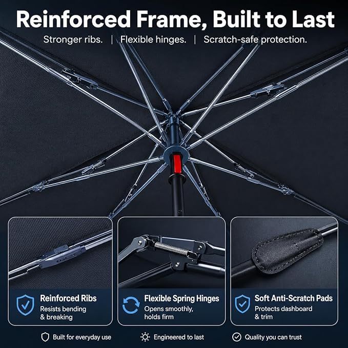 2026 Upgraded DooGooCoo Windshield Sun Shade Umbrella for Car, Reinforced Frame, UV Block Heat Shield, Keeps Interior Cooler, Foldable Front Windshield Cover, Small (52"x31")