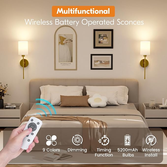 NIORSUN 20.67 inch Battery Operated Wall Sconce Set of 2, Gold Rechargeable Wall Lights with 10400mAh Dimmable Bulbs and Remote, 9 Colors Wireless Wall Lamps for Bedroom Living Room Hallway
