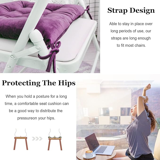 Set of 4 Square Chair Pads Indoor Seat Cushions Pillows with Ties Soft Comfortable Non Slip Chair Mat for Kitchen Dining Office Desk Living Room Outdoor Tatami 15.5" - Purple