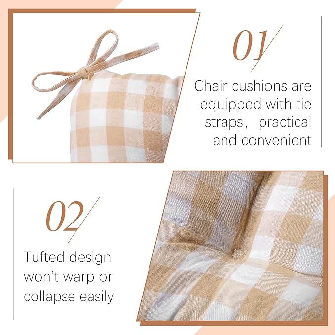 Geetery 4 Pack Chair Cushions for Dining Chairs, 16" x 15" Khaki and White Kitchen Chair Cushions with Ties Buffalo Plaid Soft Comfy Seat Pads for Home Office Living Room Outdoor Indoor