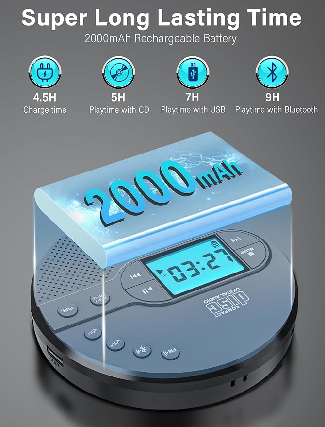 Portable CD Player with 2000mAh Rechargeable Battery-Bluetooth Connect CD Player with 3.5mm Headphones Jack,FM Transmitter,LCD Screen,AUX,Built-in Speaker,USB MP3 Player, Anti-Shock Protection for Car
