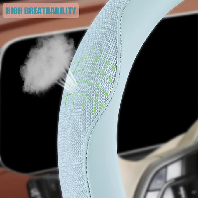 Nappa Leather Steering Wheel Cover, Advanced Microfiber Leather Non-Slip Breathable Fabric, Warm in Winter and Cool in Summer, Blue Large 15.5 inch to 16 inch