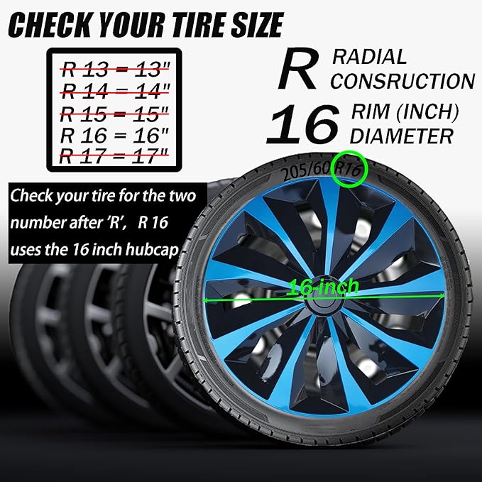 Hubcap Wheel Cover Replacement R16 Hub Caps Universal-Fit Steel Wheel Rim Cover ABS Material Exterior Accessories for Car Truck SUV -Set of 4（16-inch，Blue-Black）