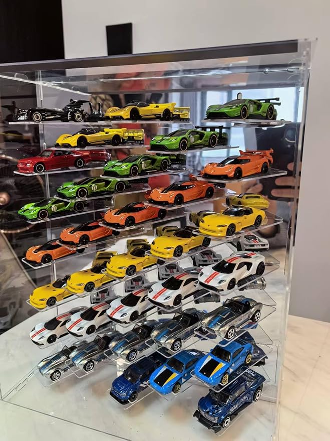 Display Case for Hot Wheels Cars, Compatible with 1:64 Scale Diecast Cars, Wall Mountable/Tabletop Display Case with LED Lights & Dustproof Cover,33 Park, Maximum 40 Toy Cars,Mirrored Background