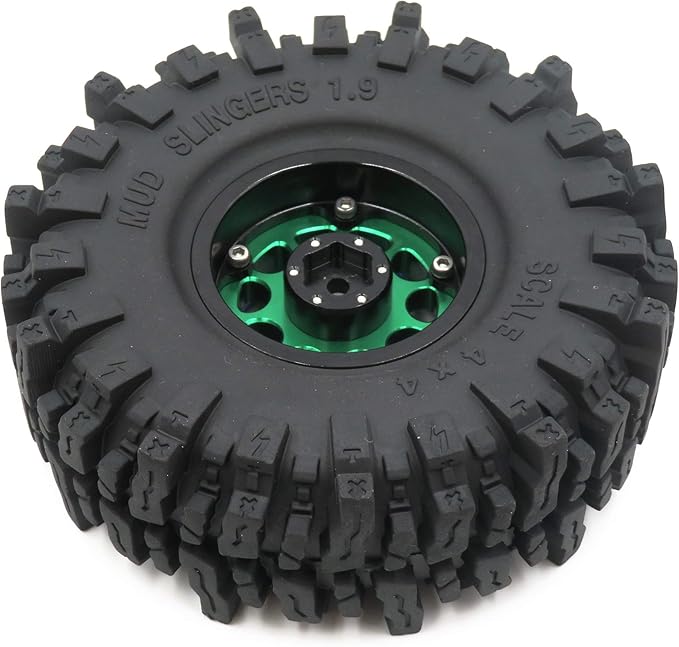 HOBBYSOUL Soft Sticky 1.9 Mud Slingers Tires T8 Tyre 120mm/4.72inch & 1.9 Beadlock Wheels Green Blue Color For 1/10 Rock Crawler Traxxas TRX4 Axial SCX10 Redcat Gen8, (4-Pack)