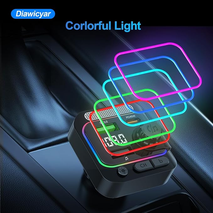 FM Transmitter Bluetooth Car Adapter - 63W Wireless Radio FM Bluetooth Transmitter with Deep Bass Player for Old Cars [PD 45W & QC3.0], Car Charger USB C Fast Charge, Hands-Free Calling, Black