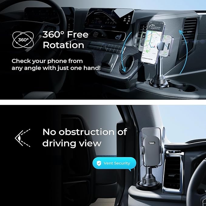 LISEN Cup Holder Phone Holder [No Shaking] Phone Holder for Car, 360° Adjustable iPhone Holder Car Accessories for Women Truck Jeep Golf for iPhone 17 Pro Max 16 15 14 Samsung S25 All 4-7'' Phone