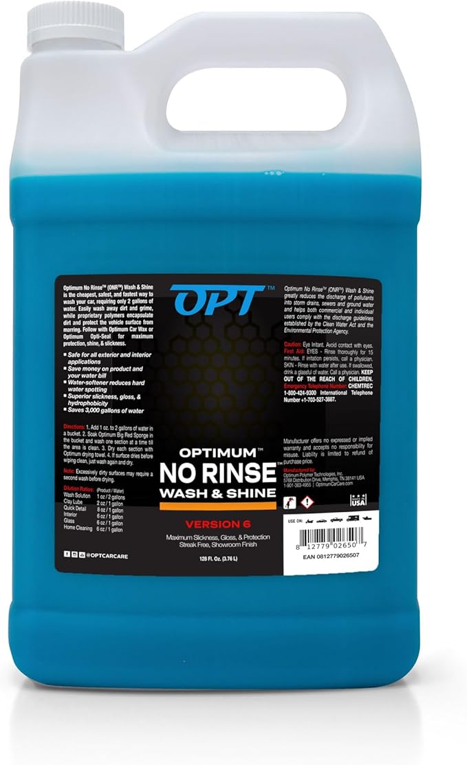 Optimum No Rinse Wash and Shine Version 6 - ONR Rinseless Car Wash Soap for Auto Detailing, Use On Paint, Ceramic Coatings, Glass, Interior (1 Gallon)