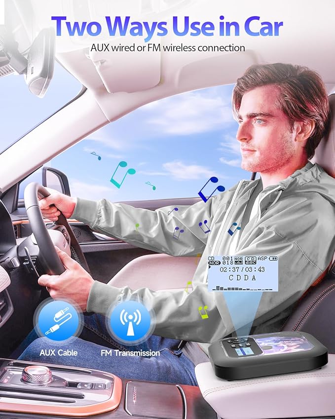 Portable-CD-Player with Bluetooth - Rechargeable with FM Transmitter, Dual Speakers, Headphones and AUX Use for Car Travel Home