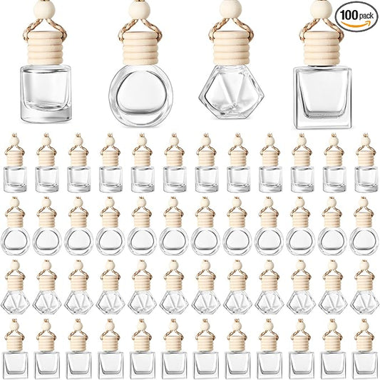 BOTO 100 Pcs Oil Air Freshener Diffuser with Wooden Cap Empty Essential Diffuser Aromatherapy Car Fresheners Clear Car Fragrance Holder Pendant Aesthetic Decor Hanging Perfume Bottle (Various Style)