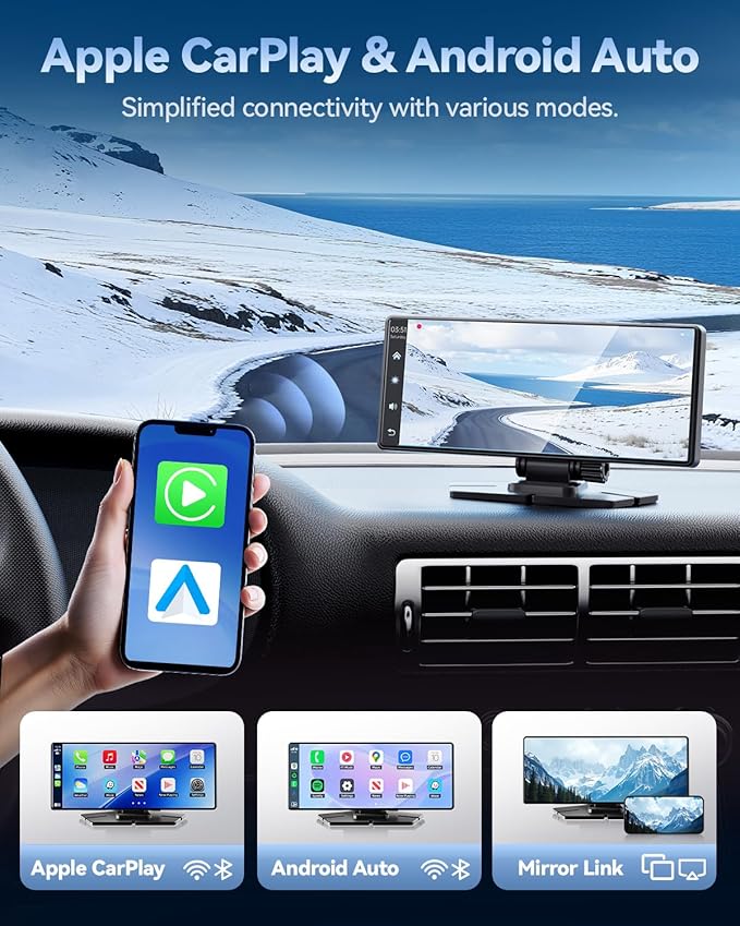 Carplay Screen for Car, 8.1" HD Portable Touch Screen Car Stereo with Android Auto, 4K Dash Cam, 1080P Backup Camera, GPS Navigation, Mirror Link, Bluetooth, AUX, FM Transmitter