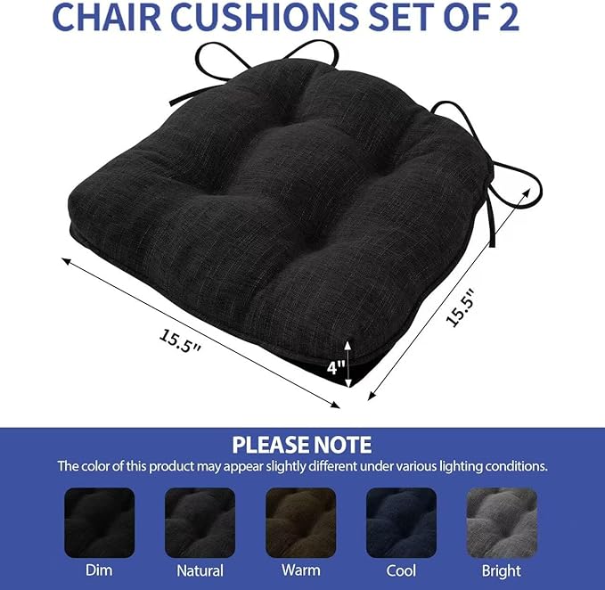 IPYNBAP Chair Cushions for Dining Chairs Set of 2, Kitchen Chair Cushions, Chair Pads with Ties and Non Slip Backing, Tufted Memory Foam Seat Cushion 2 Pack, 15.5" x 15.5" x 4", Black