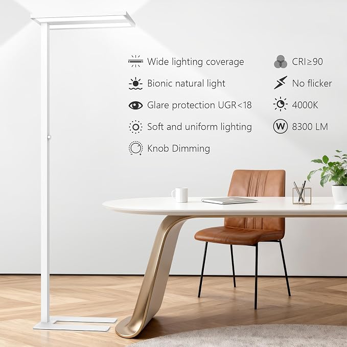 STERREN LED Floor Lamp, 80W Modern Eye Care Reading Light, 8300LM 4000K Natural Daylight Dimmable Standing Tall Lamps for Home Office Study Room Living Room Bedroom Meeting Room