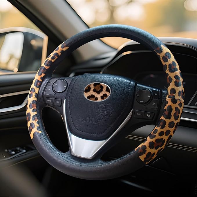 Universal Leather Leopard Cheetah Steering Wheel Cover Women 14.5-15 inch Leopard car Accessories Western Anime Brown Cute Wheel Cover Hip Hop Anti-Slip Car Protecter for Men