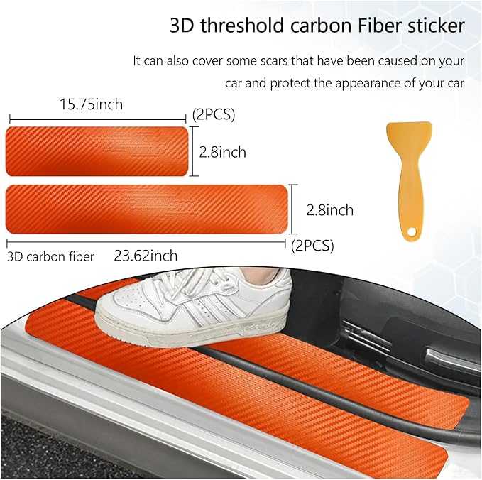 Dickno 4 PCS Car Door Sill Protector, 3D Carbon Fiber Auto Door Entry Edge Guard Protection Trim, Anti-Scratch Threshold Cover Strips, Sill Protection Sticker for Car SUV Truck (Orange)