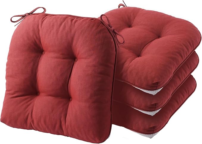 Battilo Chair Cushions Set of 4 for Dining Chairs, Seat Cushions for Kitchen Chairs with Non-Slip Backing, Indoor/Outdoor Waterproof Chair Seat Pads with Ties, 15.5"x15.5"x4", Red