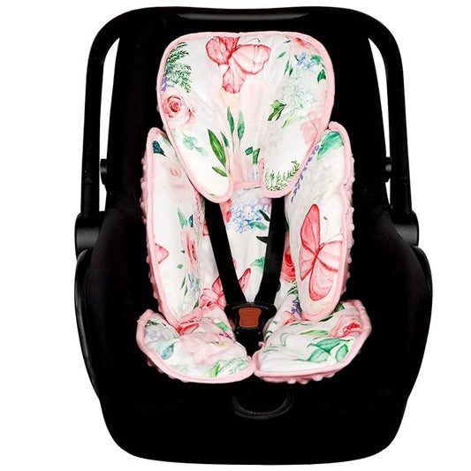 2 in 1 Infant Car Seat Insert, Adjustable Car Seat Head Support Baby Girls Boys, Soft Newborn Carseat Insert Cushion, Perfect for Carseats, Strollers, Swings (Pink Flower)