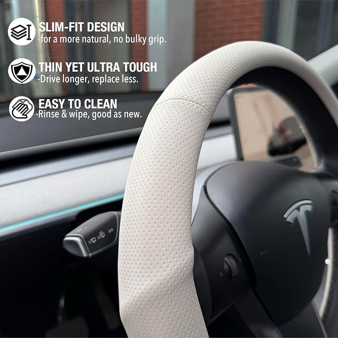 PINCTROT Supported Grip Nappa Leather Steering Wheel Cover for Tesla Model Y/3 Highland/Juniper, D Shaped 14 Inch Small Sized with Breathable Perforation, Flat Bottom 14 Inch(Cream White)