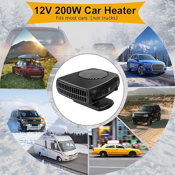 Car Heater, 200W 12V Portable Windshield Defogger and Defroster，2 in 1 Modes Fast Heating &Cooling Fanswith Cigarette Lighter Plug 360 Degree Rotary Base（Black）
