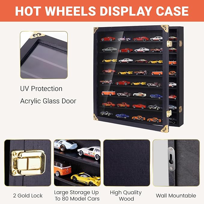 Giant Hotwheels Display Case with Wall Mounts,Display up to 80 Cars ,Model Hot Toy Cars Storage Organizer,15.7*2.75*16.7 Inches,UV Protection Acrylic Glass Door,Gold Lock,Black