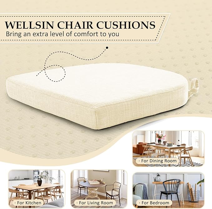 Wellsin Chair Cushions for Dining Chairs 6 Pack - Kitchen Chair Cushions with Ties and Non-Slip Backing - Dining Chair Pads 16"X16"X2", Beige