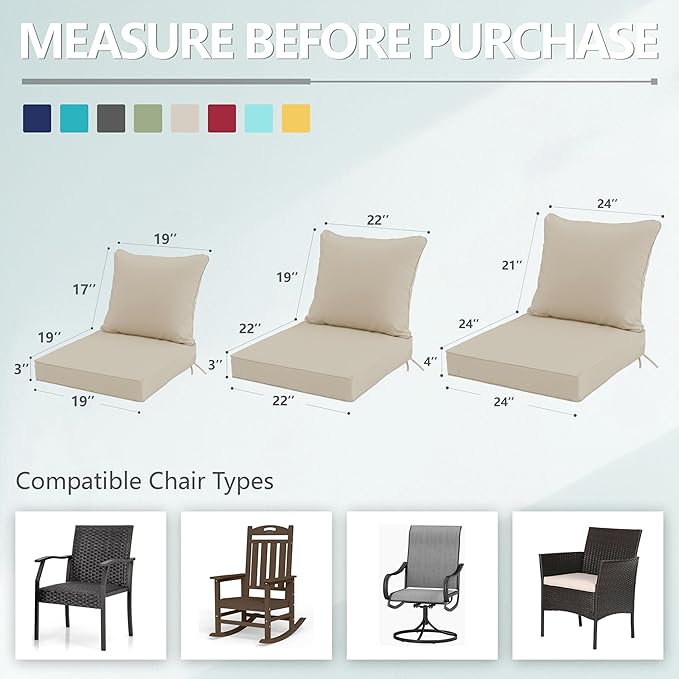 19x19 Inch Patio Chair Cushion with Removable Cover, Outdoor Furniture Cushion - Water-Repellent, Fade-Resistant, Non-Slip Bottom & Straps, Replacement for Lawn, Porch & Deck Chair - Cream
