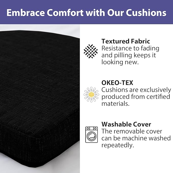 IPYNBAP Chair Cushions for Dining Chairs, Kitchen Chair Cushions, 16'' x 16'' x 2'', Non Slip Indoor Seat Cushions, Chair Pads for Dining Chairs with Ties & Removable Cover, Set of 4, Black