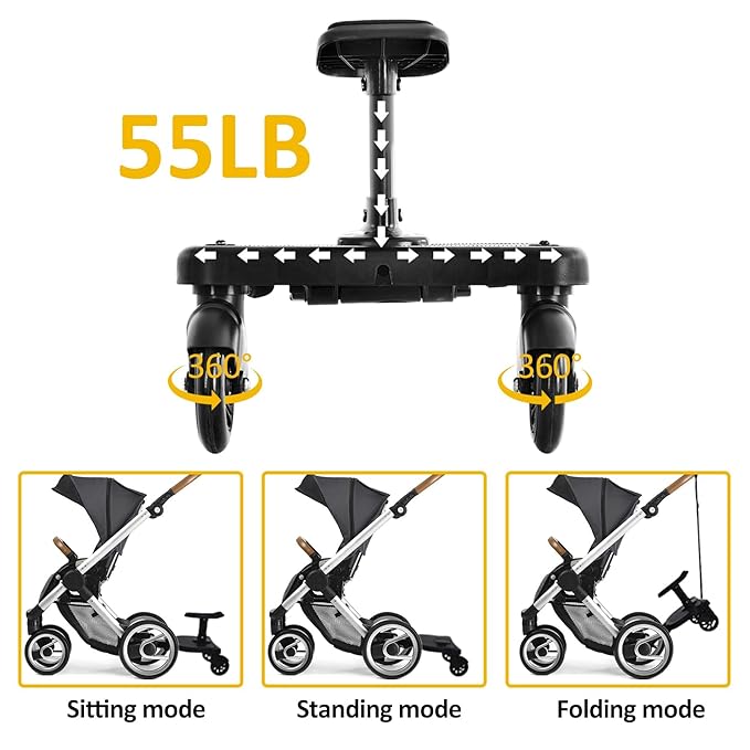2025 New-Universal Stroller Board with Detachable Seat, 2in1 Sit and Stand Stroller Glider Board for Most Strollers, Holds Children Up to 55 LBs Stroller Connectors Standing Board