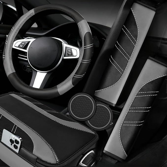 NBTEPEM 6 Pcs Gray Car Accessories Set, Sport Leather Steering Wheel Cover 14.5-15inch Universal, Microfiber Leather Car Center Console Cover, Seat Belt Cushion, Cup Holder Coaster (Black-Gray)