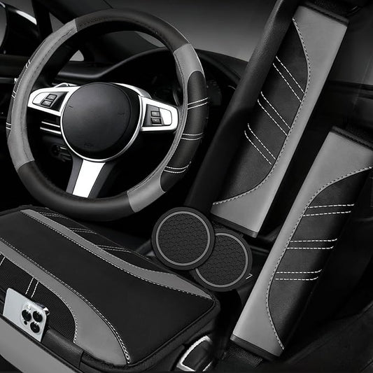 NBTEPEM 6 Pcs Gray Car Accessories Set, Sport Leather Steering Wheel Cover 14.5-15inch Universal, Microfiber Leather Car Center Console Cover, Seat Belt Cushion, Cup Holder Coaster (Black-Gray)