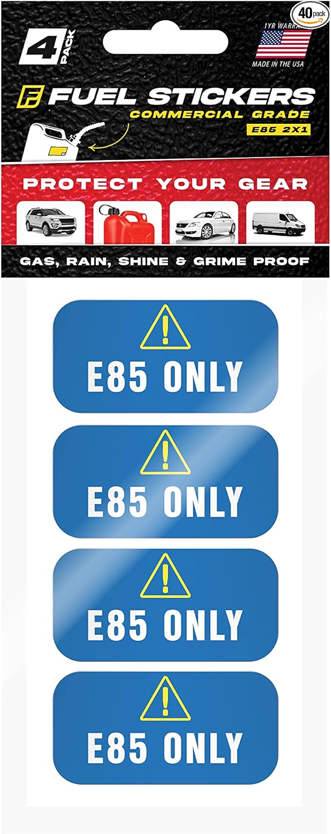 E85 Stickers, Flex Fuel Label for Vehicles, Rental Cars, Fleet Trucks and SUVs - Weather Proof, Extreme Stick, Flex Fuel Decals by Fuel Stickers - USA Made (2x1 inch), 40 Labels