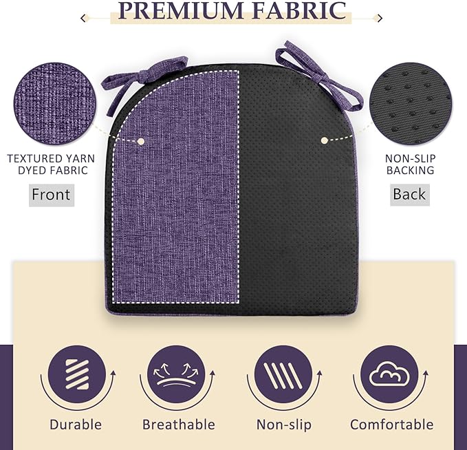 Wellsin Chair Cushions for Dining Chairs 4 Pack - Kitchen Chair Cushions with Ties and Non-Slip Backing - Dining Chair Pads 16"X16"X2", Purple