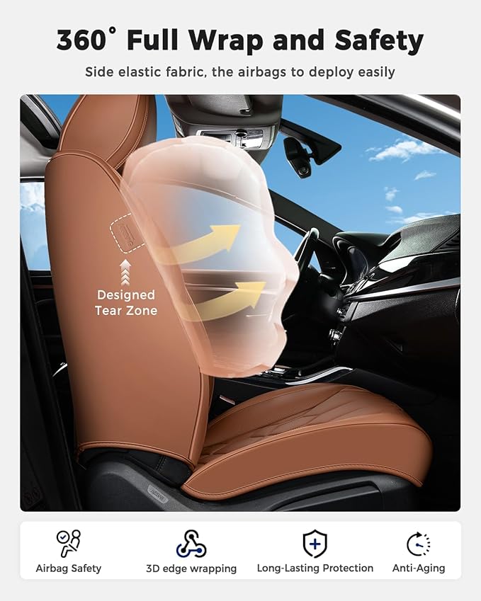 Huidasource Seat Covers Full Set, Universal Fit for Most Cars SUVs Trucks, Full Coverage Leather Automotive Seat Cover, Airbag, Cupholder Compatible, Seat Function Retain, Velcro Adjustable, Brown