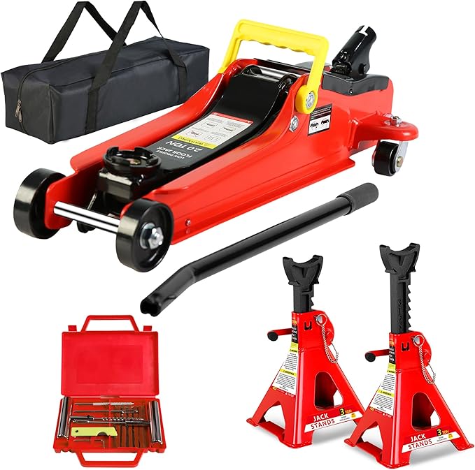 4 Piece Car Jack and Stand Kit with 2 Ton Floor Jack,Jack Stands Tire Repair Kit for Garages, Automotive,Repair Shops and DIY, Portable, Lifting Range 3.3" - 15.2", Heavy Duty Steel, Red