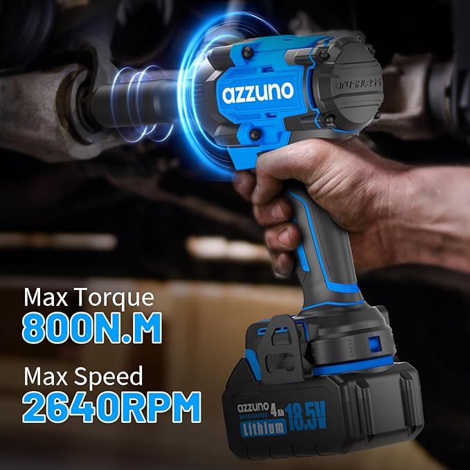 AZZUNO Brushless 1/2 inch Electric Cordless Impact Wrench, 800N.m (590 Ft-lbs), High Torque Electric Wrench, 2x 4.0Ah Battery, Charger & 4 CR-V Sockets, Tool Case