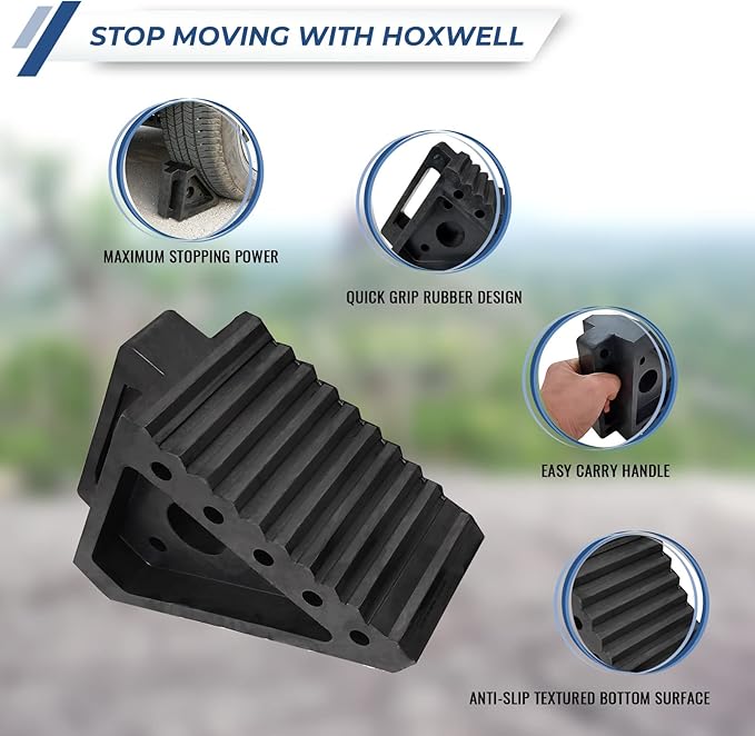 HOXWELL Solid Heavy Duty Rubber Wheel Chocks 4 Packs, Premium Wheel Stopper for Car, Travel Trailers, RV, Truck, and ATV(4 pcs, Black) 8" x 4" x 6"