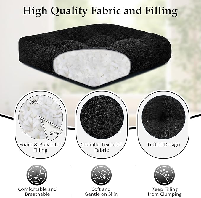 downluxe Chair Cushions for Dining Chairs 2 Pack, Tufted Indoor Chair Pads with Non-Slip Bottom, U-Shaped Kitchen Chair Cushions, 17"x17"x4", Black