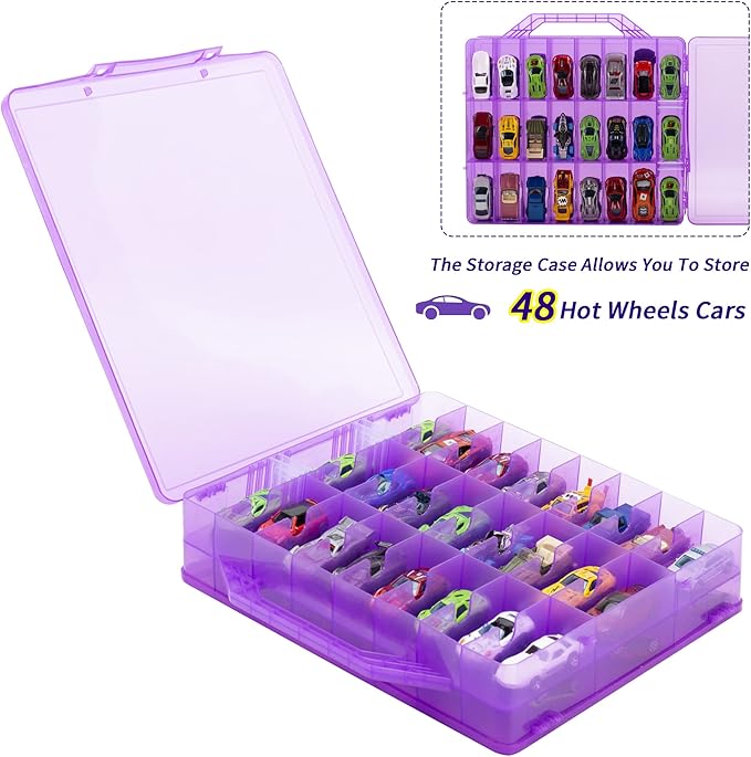 KISLANE Double Sided Toy Car Storage Case for 48 Toy Cars, Matchbox Cars, Mini Toys, Small Dolls, Portable Transparent Storage Case for Toy Cars, Matchbox Cars with 48 Compartments, Case Only