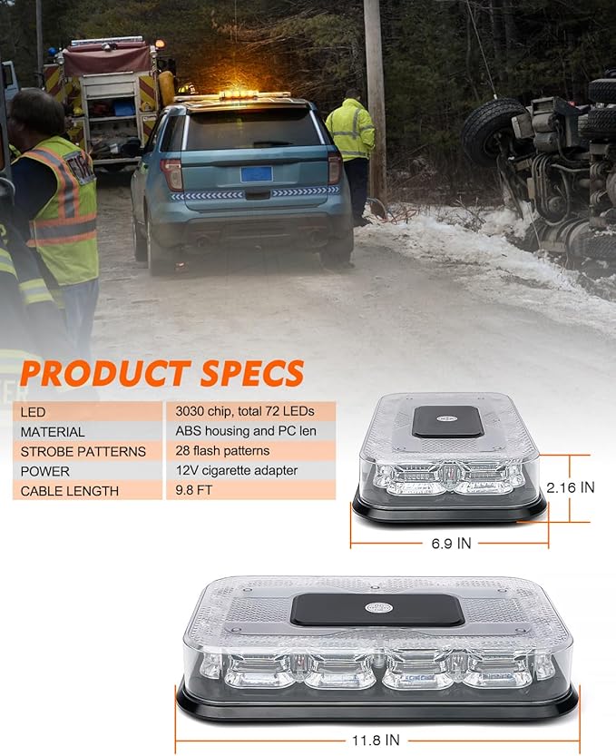 LUMENIX LED Roof Top Strobe Beacon Light Bar Rooftop Security Warning Emergency Flashing Plow Lights for Construction Vehicles Tow Commercial Trucks Postal Cars Snowplow - Amber