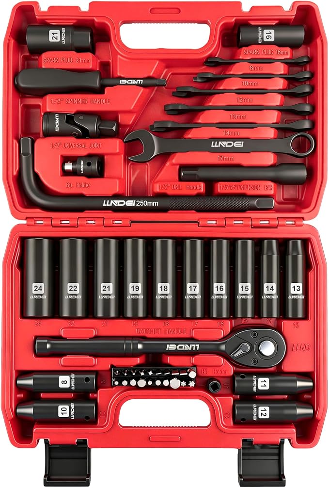 LLNDEI 1/2" Dr. Ratchet Impact Socket Wrench Set,Deep Sockets(8-24mm),Spark Plug Socket(16,21mm),49PCS, CR-V, Metric, With Combination Wrenches (8-17mm)