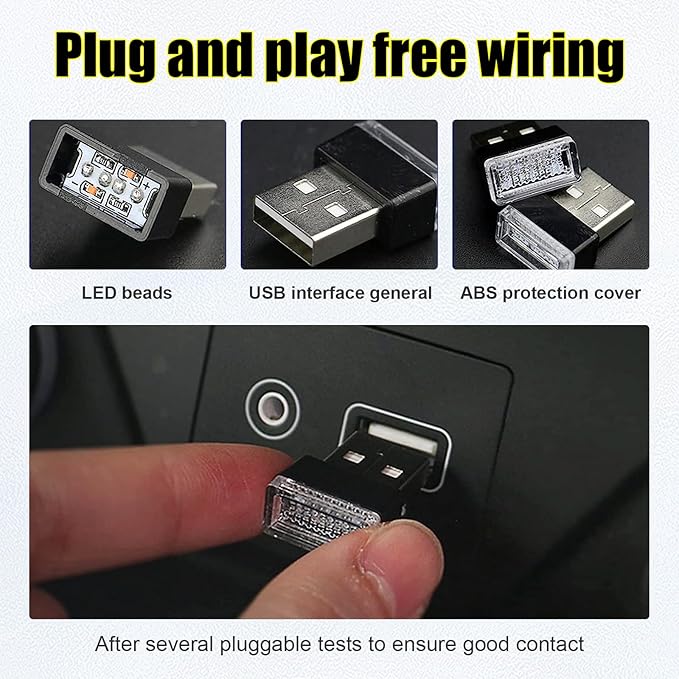 Ziciner 4 PCS USB LED Car Interior Atmosphere Lamp, Portable Mini LED Night Light, Plug-in USB Interface Trunk Ambient Lighting Kit, Universal Car Interior Accessories (Yellow)