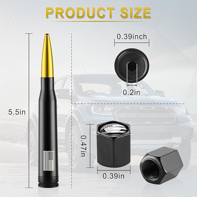 BJSIA American Flag Antenna for Truck with Valve Stem Caps - Universal Compatible with Ford, Dodge, Chevrolet, GMC, Jeep, Toyota Truck Car Accessories, Heavy Duty Pickup Trucks Accessories - Gold