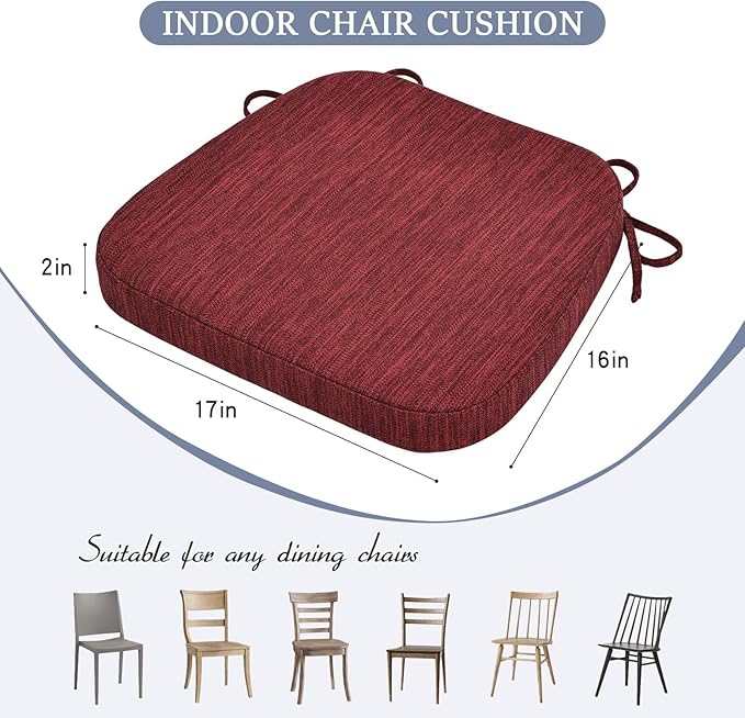 baibu Kitchen Chair Cushions, Dual-Layer Patented Design Molded Memory Foam Dining Chair Pads with Ties and Washable Cover, 17" x 16" x 2", Wine Red