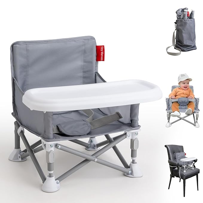Tiny Marvels Portable Booster Seat, Foldable Baby High Chair with Removable Tray, Safety Harness & Carry Bag – for Toddlers Ages 6M-3Y, Ideal for Dining, Travel, Camping & Family Time