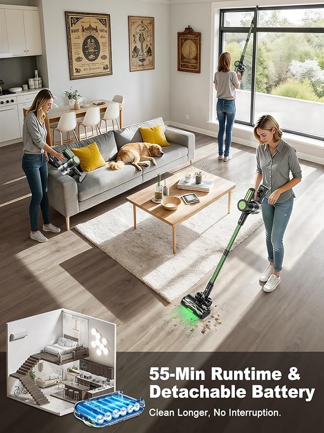 Cordless Vacuum Cleaner,58kPa/10-in-1 Stick Vacuum with 29-inch Hose and LED Lighting Brush,55Mins Runtime Vacuum Cleaner for Home,Self-Standing Vacuum with Anti-Tangle Brush for Pet Hair/Carpet/Floor