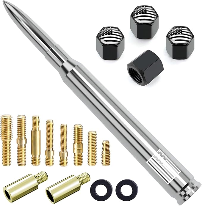 Car Truck Antenna with Tire Valve Caps American Flag Universal Short Replacement for GMC Sierra Chevy Silverado Dodge Ram 1500 2500 3500 Ford F150 F250 F350 Super Duty Raptor Accessories, Chrome