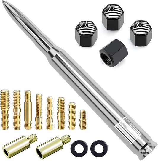 Car Truck Antenna with Tire Valve Caps American Flag Universal Short Replacement for GMC Sierra Chevy Silverado Dodge Ram 1500 2500 3500 Ford F150 F250 F350 Super Duty Raptor Accessories, Chrome