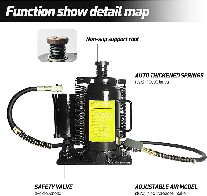 20 Ton Low Profile Air Hydraulic Bottle Jack with Air-Powered or Manual Operation, One-Piece Hydraulic Cylinder Design, Air Bottle Jack with Independent Air Pump Body and Carry Handle
