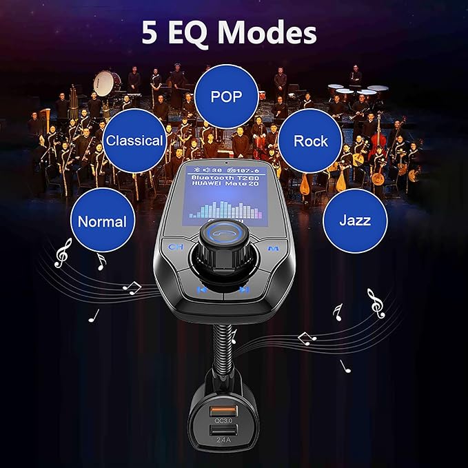 Bluetooth 5.0 FM Transmitter for Car, Wireless in-Car Radio Adapter Kit with Color Screen AUX Auto Music Adapter QC 3.0 USB Charger Voltage Detection